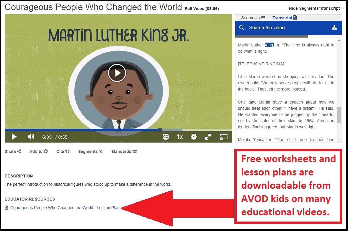 Click the links listed below "Educator Resources" if available inside AVOD for Kids to download printable worksheets, lesson plans, standards and more.